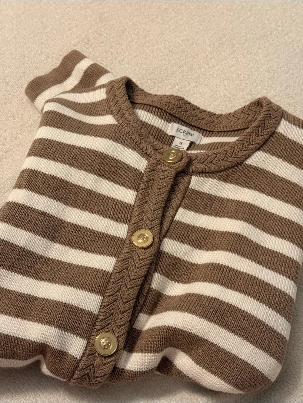 J.Crew Striped Cardigan Sz S Brown Cream Gold Buttons Preppy Coastal Grandmother